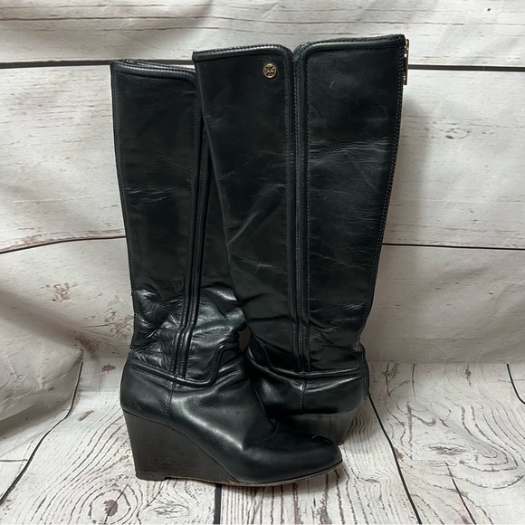 Tory Burch Black Irene Wedge Equestrian Leather Calf Boots/Booties - Picture 2 of 11